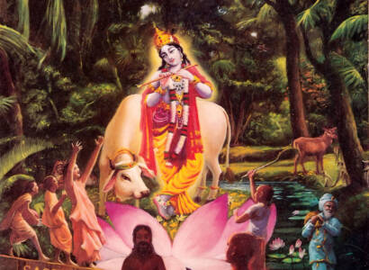 Devotees Worship Krishna Playing His Flute