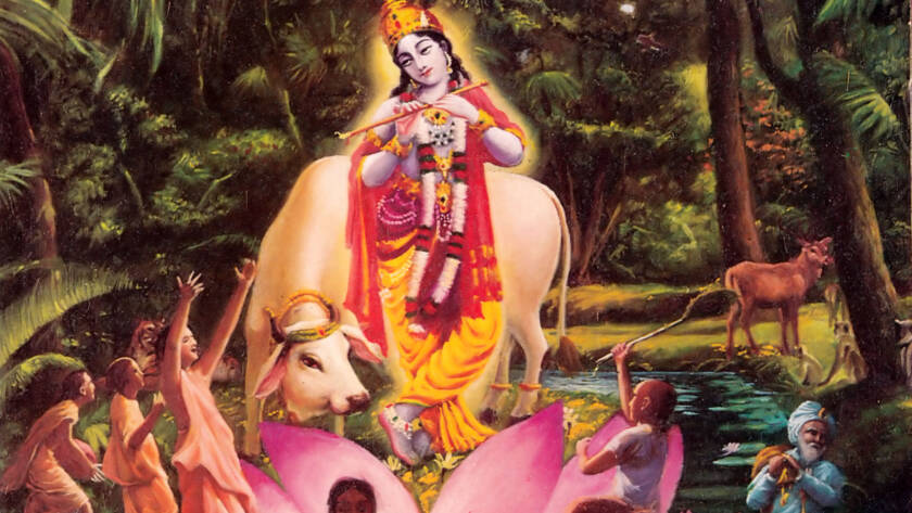 Devotees Worship Krishna Playing His Flute