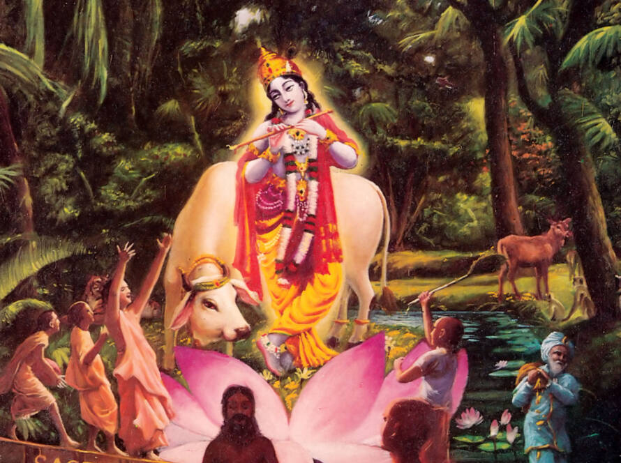 Devotees Worship Krishna Playing His Flute